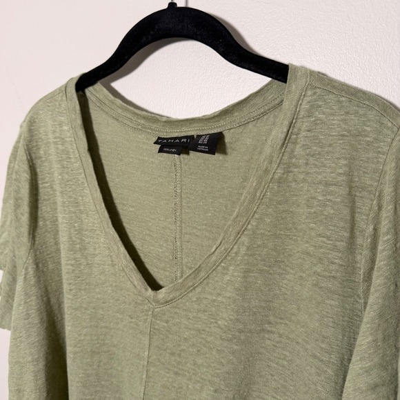 100% Linen Knit V-Neck Tee by Tahari- Plus Size 1X- Sage Green Minimalist Staple - Picture 3 of 12
